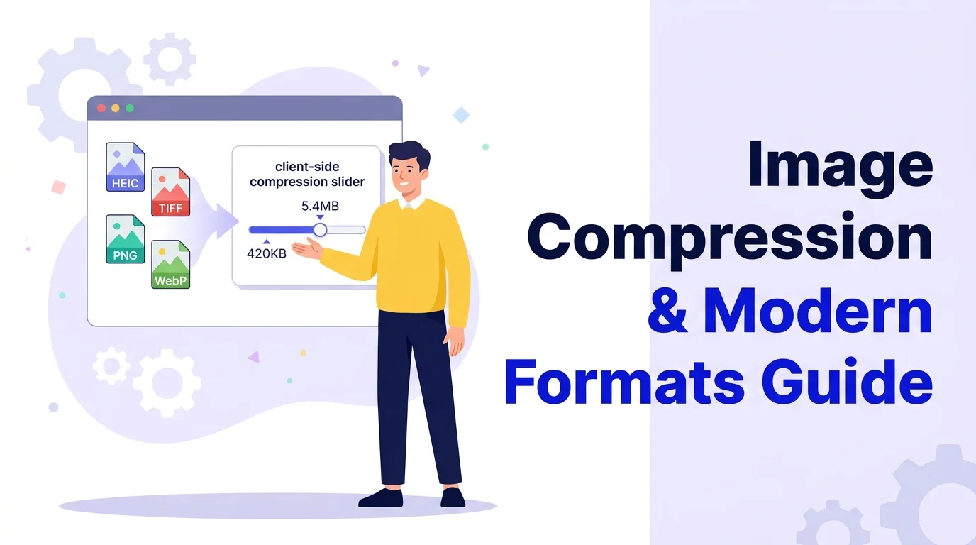 Image compression architecture: lossy vs lossless DCT encoding, client-side HEIC and TIFF decoding, and WebP alpha channel transparency preservation