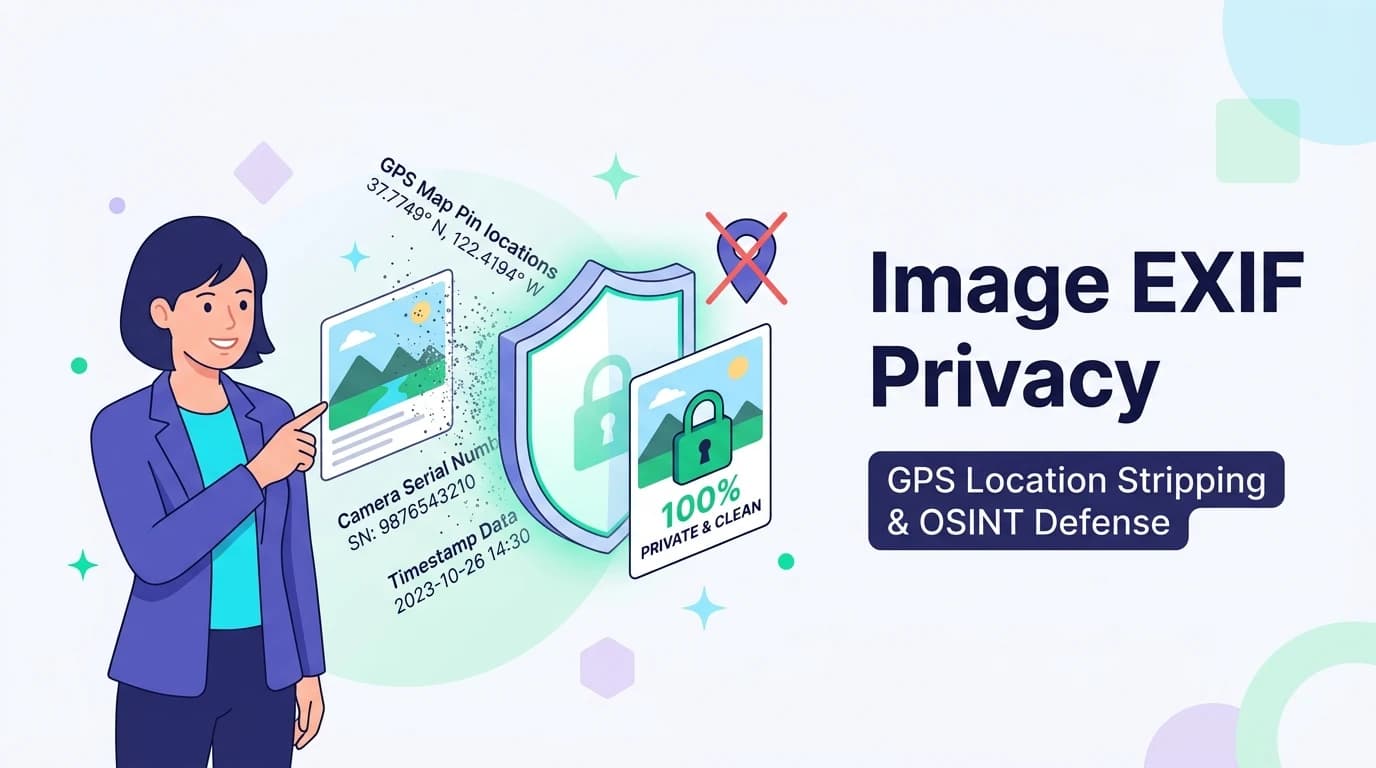 Image EXIF metadata removal: GPS privacy protection, uncropped thumbnail hazard, camera serial number defense, and client-side photo scrubbing