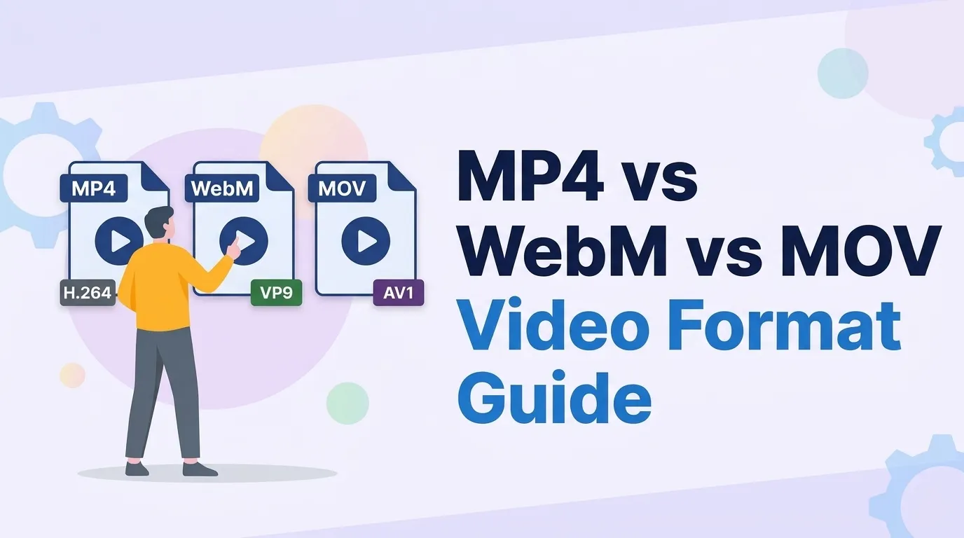 MP4 vs WebM vs MOV video containers compared with H.264, H.265 HEVC, VP9, and AV1 codecs, browser support, and format selection guidance