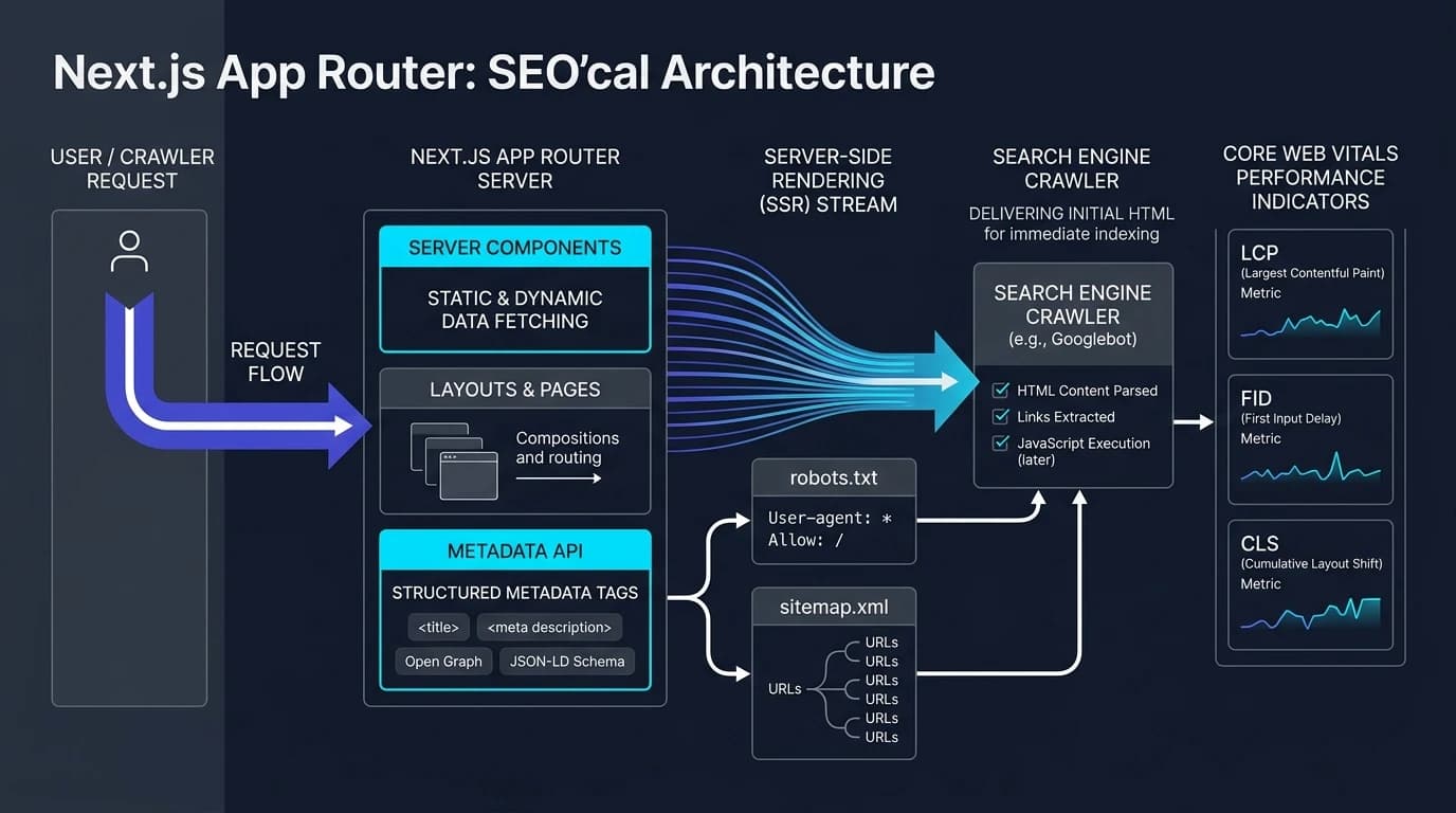 Next.js App Router Technical SEO Architecture and Rendering Pipeline Diagram